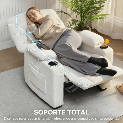 HOMCOM Poltrona Relax Reclinável Elétrica Poltrona Reclinável Silenciosa com Função Memória Apoio para Pés Controlo Remoto Bolsos Laterais Porta-Copos e Porta USB para Quarto Sala Creme