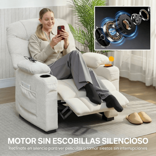 HOMCOM Poltrona Relax Reclinável Elétrica Poltrona Reclinável Silenciosa com Função Memória Apoio para Pés Controlo Remoto Bolsos Laterais Porta-Copos e Porta USB para Quarto Sala Creme