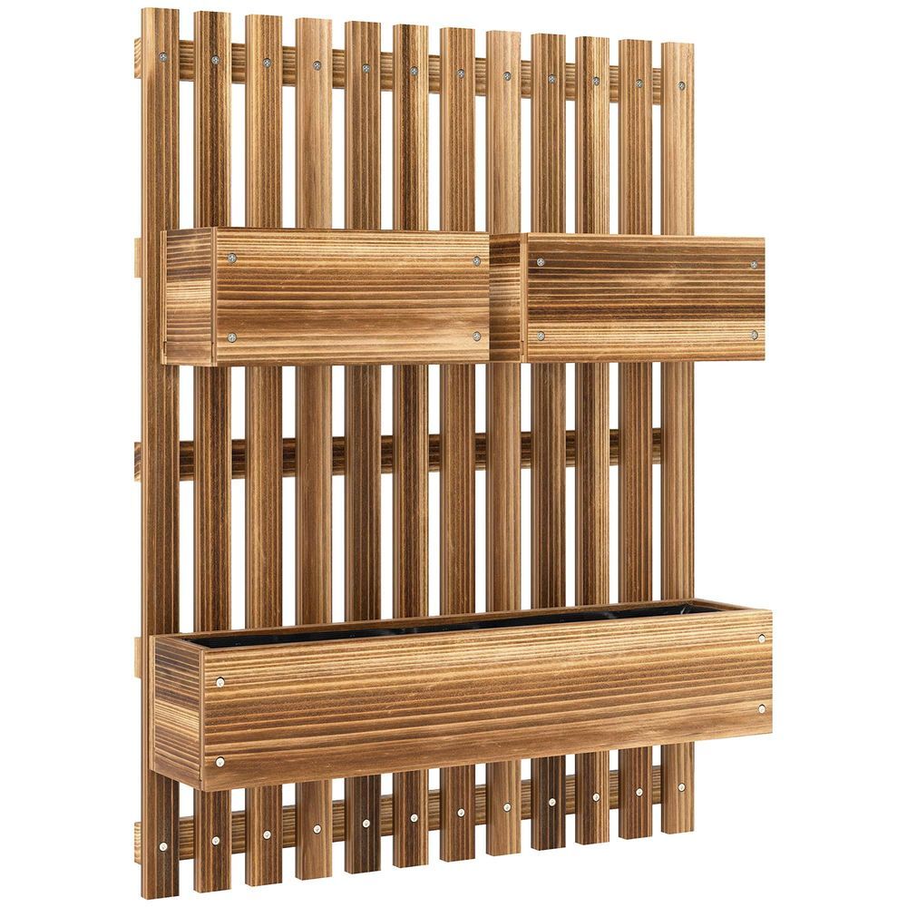Outsunny jardinera de pared con enrejado, jardinera exterior grande de madera con 3 macetas móviles y orificio de drenaje, para exterior, jardín, terraza, patio, 60x16x80 cm, carbonizado