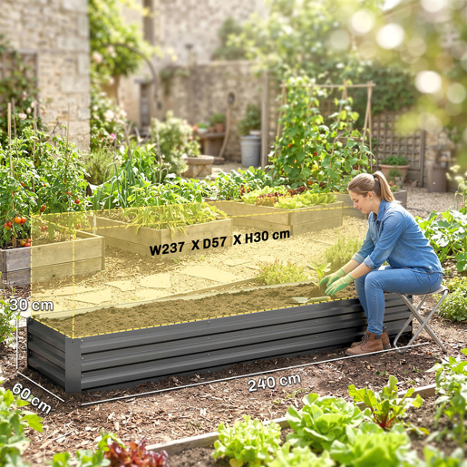 Outsunny Floreira Exterior Grande Retangular em Aço Galvanizado Horta Urbana para Cultivar Plantas e Ervas Floreira com Base Aberta Resistente às Intempéries 240x60x30 cm Cinzento