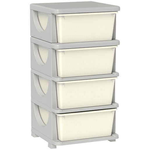 HOMCOM Organizador de Brinquedos com 4 Gavetas Torre de Arrumação para Crianças +3 Anos Cantos Arredondados e Pegas para Creche Sala de Brincar Quarto 37x37x76 cm Creme