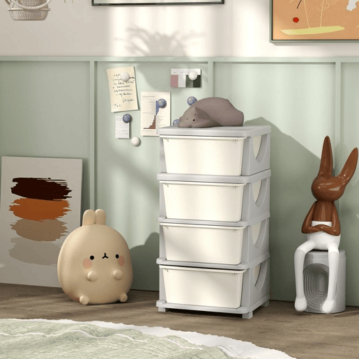 HOMCOM Organizador de Brinquedos com 4 Gavetas Torre de Arrumação para Crianças +3 Anos Cantos Arredondados e Pegas para Creche Sala de Brincar Quarto 37x37x76 cm Creme