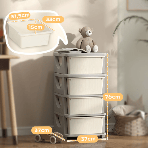 HOMCOM Organizador de Brinquedos com 4 Gavetas Torre de Arrumação para Crianças +3 Anos Cantos Arredondados e Pegas para Creche Sala de Brincar Quarto 37x37x76 cm Creme