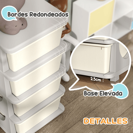 HOMCOM Organizador de Brinquedos com 4 Gavetas Torre de Arrumação para Crianças +3 Anos Cantos Arredondados e Pegas para Creche Sala de Brincar Quarto 37x37x76 cm Creme