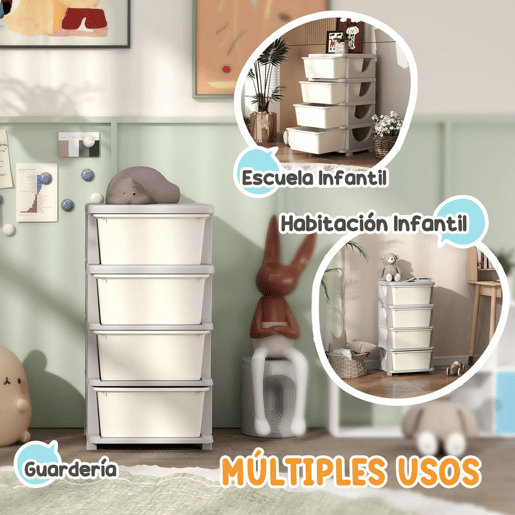 HOMCOM Organizador de Brinquedos com 4 Gavetas Torre de Arrumação para Crianças +3 Anos Cantos Arredondados e Pegas para Creche Sala de Brincar Quarto 37x37x76 cm Creme