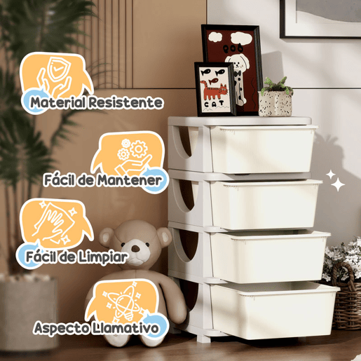 HOMCOM Organizador de Brinquedos com 4 Gavetas Torre de Arrumação para Crianças +3 Anos Cantos Arredondados e Pegas para Creche Sala de Brincar Quarto 37x37x76 cm Creme
