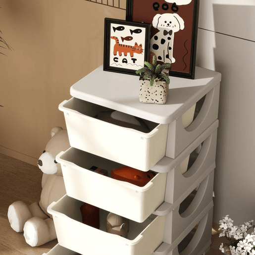 HOMCOM Organizador de Brinquedos com 4 Gavetas Torre de Arrumação para Crianças +3 Anos Cantos Arredondados e Pegas para Creche Sala de Brincar Quarto 37x37x76 cm Creme