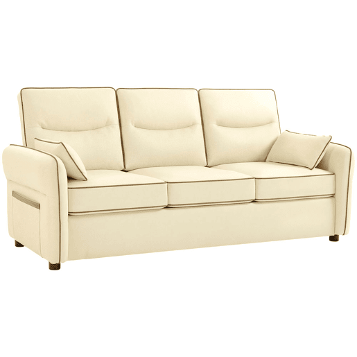 HOMCOM Sofá de 3 Lugares Sofá de Sala Moderno 190x85x80 cm Estofado em Couro Sintético Enchimento Espesso Assento Largo Apoios de Braço e Bolso Lateral Montagem Rápida 2 Almofadas Bege