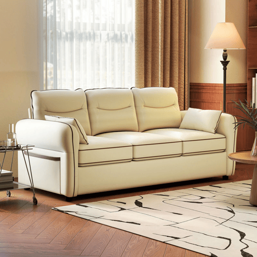 HOMCOM Sofá de 3 Lugares Sofá de Sala Moderno 190x85x80 cm Estofado em Couro Sintético Enchimento Espesso Assento Largo Apoios de Braço e Bolso Lateral Montagem Rápida 2 Almofadas Bege