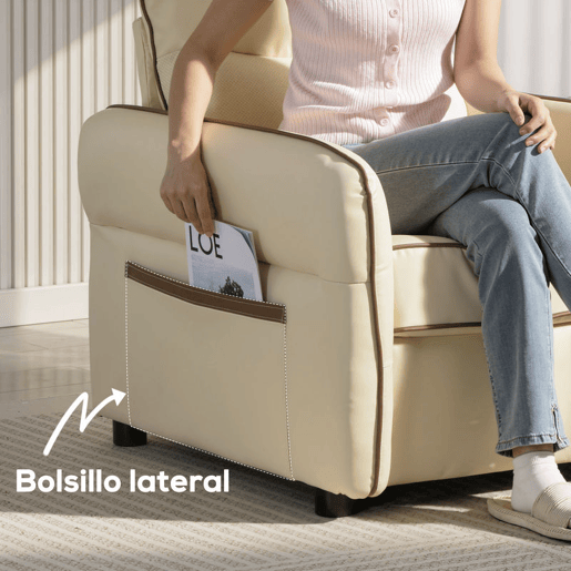 HOMCOM Sofá de 3 Lugares Sofá de Sala Moderno 190x85x80 cm Estofado em Couro Sintético Enchimento Espesso Assento Largo Apoios de Braço e Bolso Lateral Montagem Rápida 2 Almofadas Bege