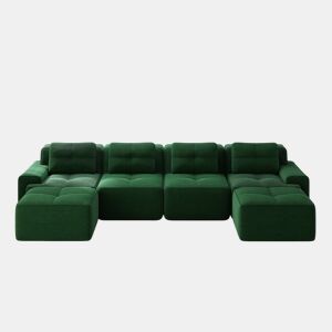 Sofá modular Boneless 4 lugares - Chaise longue em U, assento profundo, estofado em veludo cotelê, antiderrapante - Verde