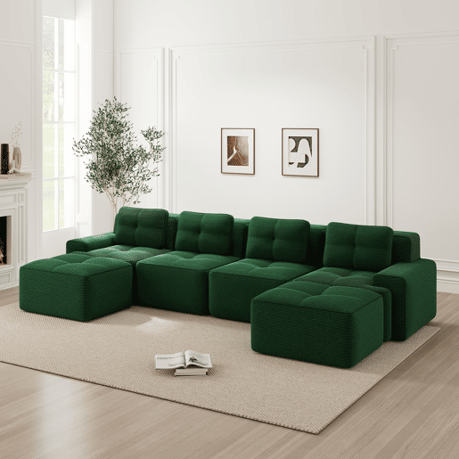Sofá modular Boneless 4 lugares - Chaise longue em U, assento profundo, estofado em veludo cotelê, antiderrapante - Verde