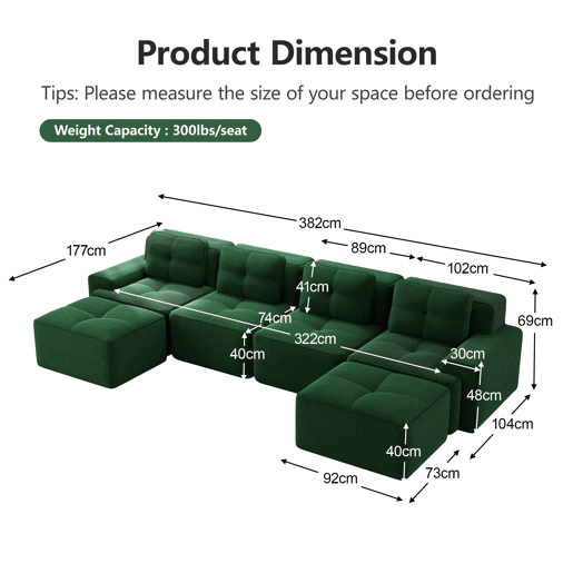 Sofá modular Boneless 4 lugares - Chaise longue em U, assento profundo, estofado em veludo cotelê, antiderrapante - Verde