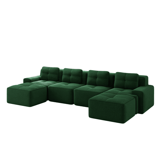 Sofá modular Boneless 4 lugares - Chaise longue em U, assento profundo, estofado em veludo cotelê, antiderrapante - Verde