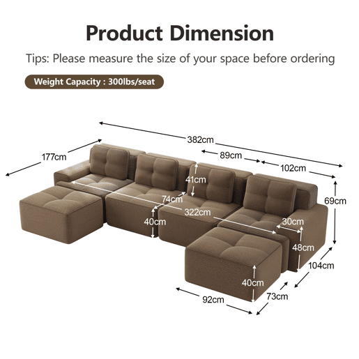Sofá modular Boneless 4 lugares - Profundo, acolchoado, sem montagem, antiderrapante - Castanho