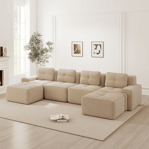 Sofá modular de 4 lugares - Chaise longue em U, confortável, estofado, antiderrapante - Bege