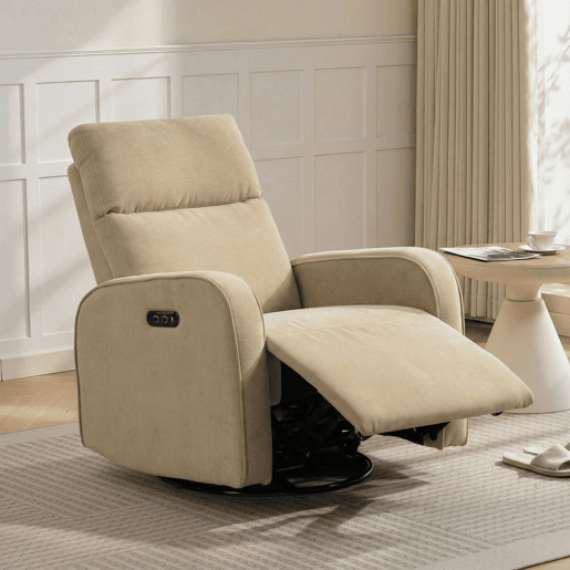 HOMCOM Poltrona Relax Reclinável Elétrica com Motor Duplo, Poltrona de Chenille Giratória e de Balanço com Apoio de Cabeça Ajustável, Portas USB e USB-C, Apoio para os Pés, Botões Iluminados, Bege
