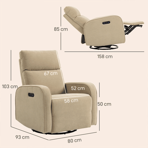 HOMCOM Poltrona Relax Reclinável Elétrica com Motor Duplo, Poltrona de Chenille Giratória e de Balanço com Apoio de Cabeça Ajustável, Portas USB e USB-C, Apoio para os Pés, Botões Iluminados, Bege