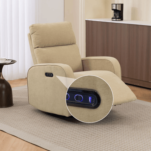 HOMCOM Poltrona Relax Reclinável Elétrica com Motor Duplo, Poltrona de Chenille Giratória e de Balanço com Apoio de Cabeça Ajustável, Portas USB e USB-C, Apoio para os Pés, Botões Iluminados, Bege
