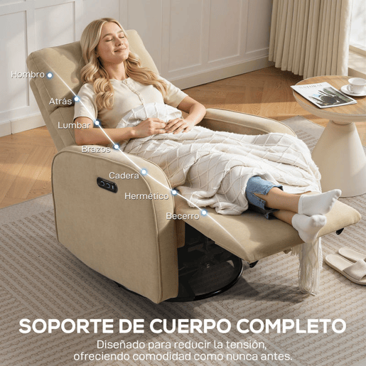 HOMCOM Poltrona Relax Reclinável Elétrica com Motor Duplo, Poltrona de Chenille Giratória e de Balanço com Apoio de Cabeça Ajustável, Portas USB e USB-C, Apoio para os Pés, Botões Iluminados, Bege