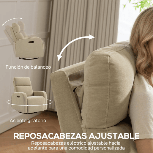 HOMCOM Poltrona Relax Reclinável Elétrica com Motor Duplo, Poltrona de Chenille Giratória e de Balanço com Apoio de Cabeça Ajustável, Portas USB e USB-C, Apoio para os Pés, Botões Iluminados, Bege