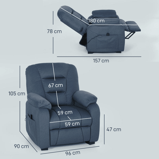 HOMCOM Poltrona Relax Reclinável Elétrica Poltrona Reclinável Silenciosa com Função Memória Apoio para os Pés Controlo Remoto Bolsos Laterais Porta USB Tecido Veludo para Quarto Sala de Estar Azul