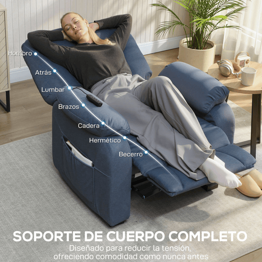 HOMCOM Poltrona Relax Reclinável Elétrica Poltrona Reclinável Silenciosa com Função Memória Apoio para os Pés Controlo Remoto Bolsos Laterais Porta USB Tecido Veludo para Quarto Sala de Estar Azul
