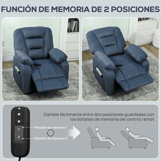 HOMCOM Poltrona Relax Reclinável Elétrica Poltrona Reclinável Silenciosa com Função Memória Apoio para os Pés Controlo Remoto Bolsos Laterais Porta USB Tecido Veludo para Quarto Sala de Estar Azul