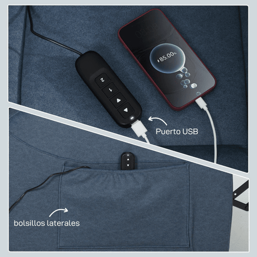 HOMCOM Poltrona Relax Reclinável Elétrica Poltrona Reclinável Silenciosa com Função Memória Apoio para os Pés Controlo Remoto Bolsos Laterais Porta USB Tecido Veludo para Quarto Sala de Estar Azul