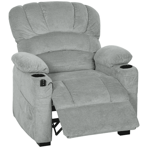 HOMCOM Poltrona Relax Reclinável Elétrica, Poltrona Silenciosa de Veludo com Função Memória, Apoio para os Pés, Comando Remoto, Bolsos Laterais, Porta USB, Porta-Copos, Encosto Concha, Cinzento