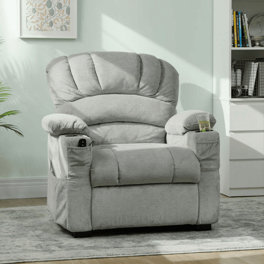 HOMCOM Poltrona Relax Reclinável Elétrica, Poltrona Silenciosa de Veludo com Função Memória, Apoio para os Pés, Comando Remoto, Bolsos Laterais, Porta USB, Porta-Copos, Encosto Concha, Cinzento