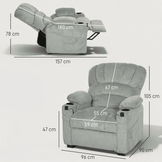 HOMCOM Poltrona Relax Reclinável Elétrica, Poltrona Silenciosa de Veludo com Função Memória, Apoio para os Pés, Comando Remoto, Bolsos Laterais, Porta USB, Porta-Copos, Encosto Concha, Cinzento