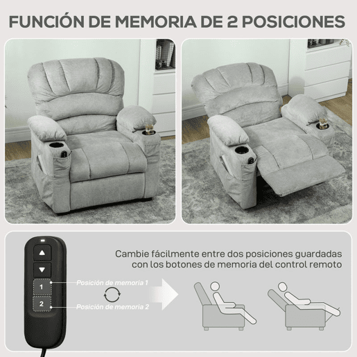 HOMCOM Poltrona Relax Reclinável Elétrica, Poltrona Silenciosa de Veludo com Função Memória, Apoio para os Pés, Comando Remoto, Bolsos Laterais, Porta USB, Porta-Copos, Encosto Concha, Cinzento