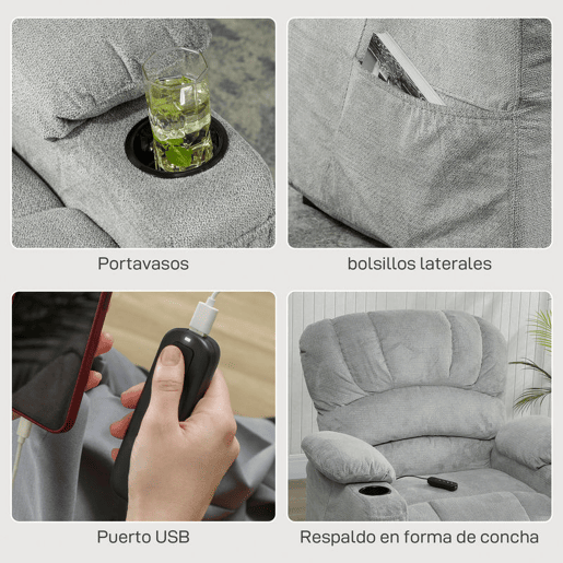 HOMCOM Poltrona Relax Reclinável Elétrica, Poltrona Silenciosa de Veludo com Função Memória, Apoio para os Pés, Comando Remoto, Bolsos Laterais, Porta USB, Porta-Copos, Encosto Concha, Cinzento