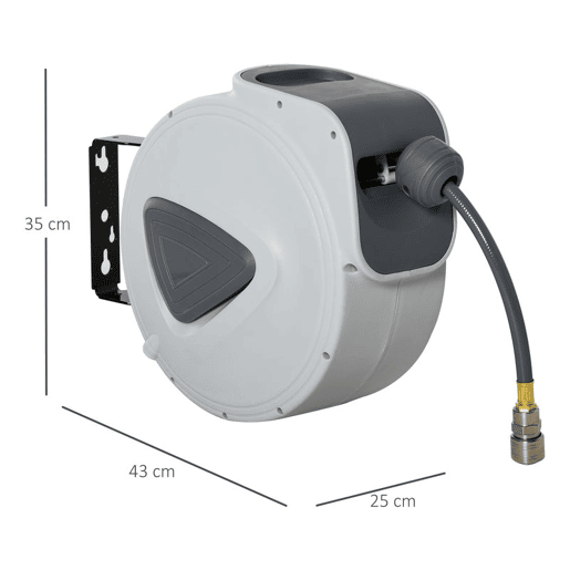 DURHAND Carretel de Mangueira de Ar Comprimido Automático 20 m Conector de 14'' BSP com Suporte de Parede Giratório 180° Diâmetro Interno 38'' (9,5x15 mm) Cinzento