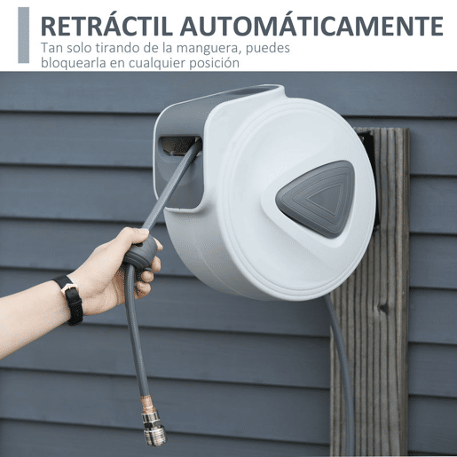 DURHAND Carretel de Mangueira de Ar Comprimido Automático 20 m Conector de 14'' BSP com Suporte de Parede Giratório 180° Diâmetro Interno 38'' (9,5x15 mm) Cinzento