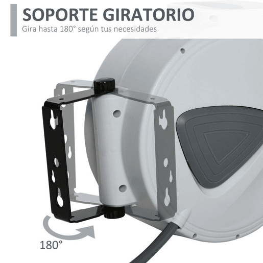 DURHAND Carretel de Mangueira de Ar Comprimido Automático 20 m Conector de 14'' BSP com Suporte de Parede Giratório 180° Diâmetro Interno 38'' (9,5x15 mm) Cinzento