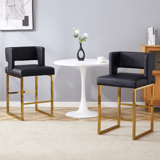 Bancos de bar 2 unidades - estilo nórdico, design quadrado, pernas metálicas douradas - Preto+Dourado