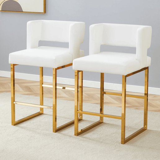 Bancos de bar 2 unidades - estilo nórdico, design quadrado, pernas metálicas douradas - Branco+Dourado