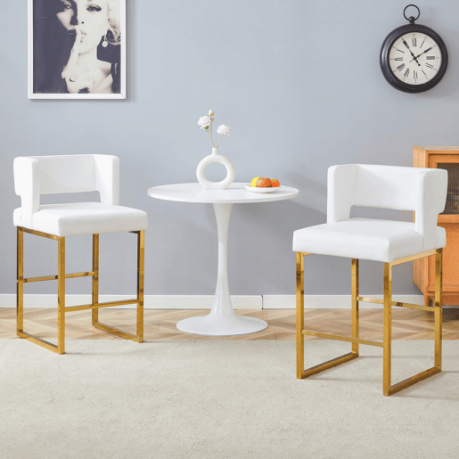 Bancos de bar 2 unidades - estilo nórdico, design quadrado, pernas metálicas douradas - Branco+Dourado