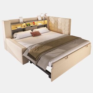Cama gavetão de linho 90x200 cm com luz led,bege