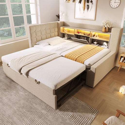 Cama gavetão de linho 90x200 cm com luz led,bege