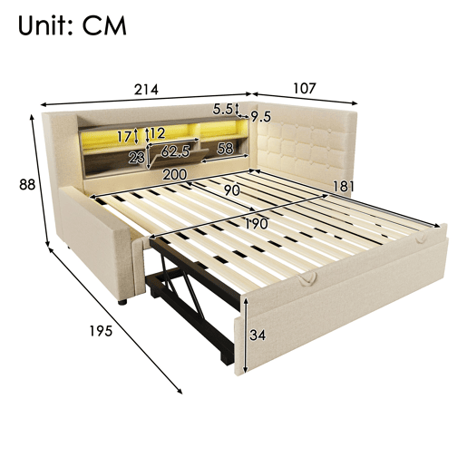 Cama gavetão de linho 90x200 cm com luz led,bege