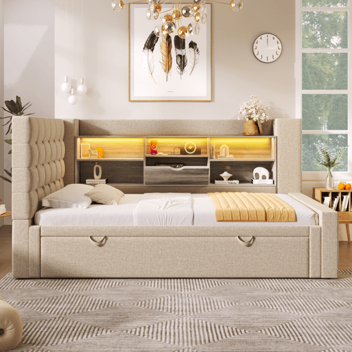 Cama gavetão de linho 90x200 cm com luz led,bege