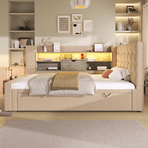 Cama gavetão de linho 90x200 cm com luz led,bege