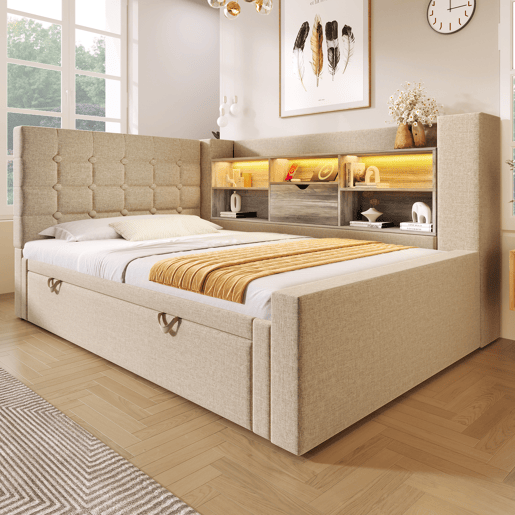 Cama gavetão de linho 90x200 cm com luz led,bege