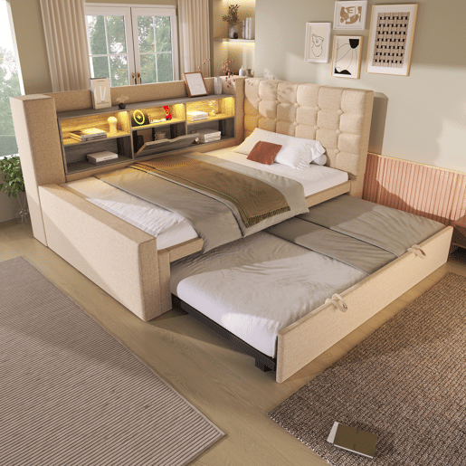 Cama gavetão de linho 90x200 cm com luz led,bege