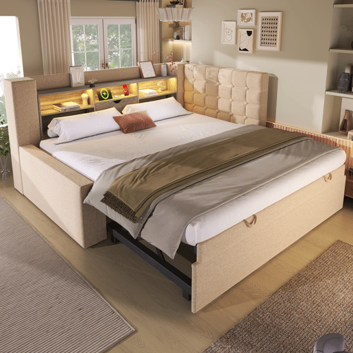 Cama gavetão de linho 90x200 cm com luz led,bege