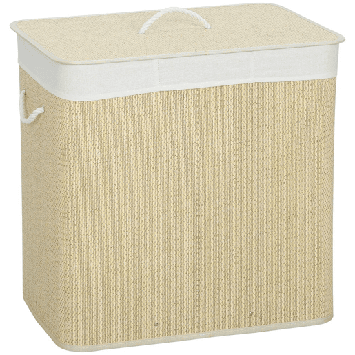 HOMCOM Cesto de Roupa Suja com Tampa 144L Cesto de Roupa Suja de Bambu com 3 Compartimentos, Bolsa Interior Removível e Lavável Pegas para Lavandaria Quarto 60x40x60 cm Creme