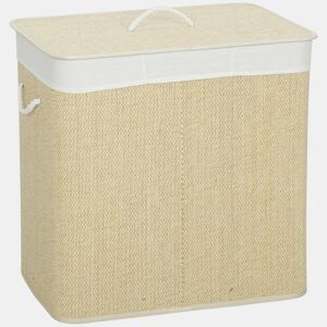 HOMCOM Cesto de Roupa Suja com Tampa 144L Cesto de Roupa Suja de Bambu com 3 Compartimentos, Bolsa Interior Removível e Lavável Pegas para Lavandaria Quarto 60x40x60 cm Creme
